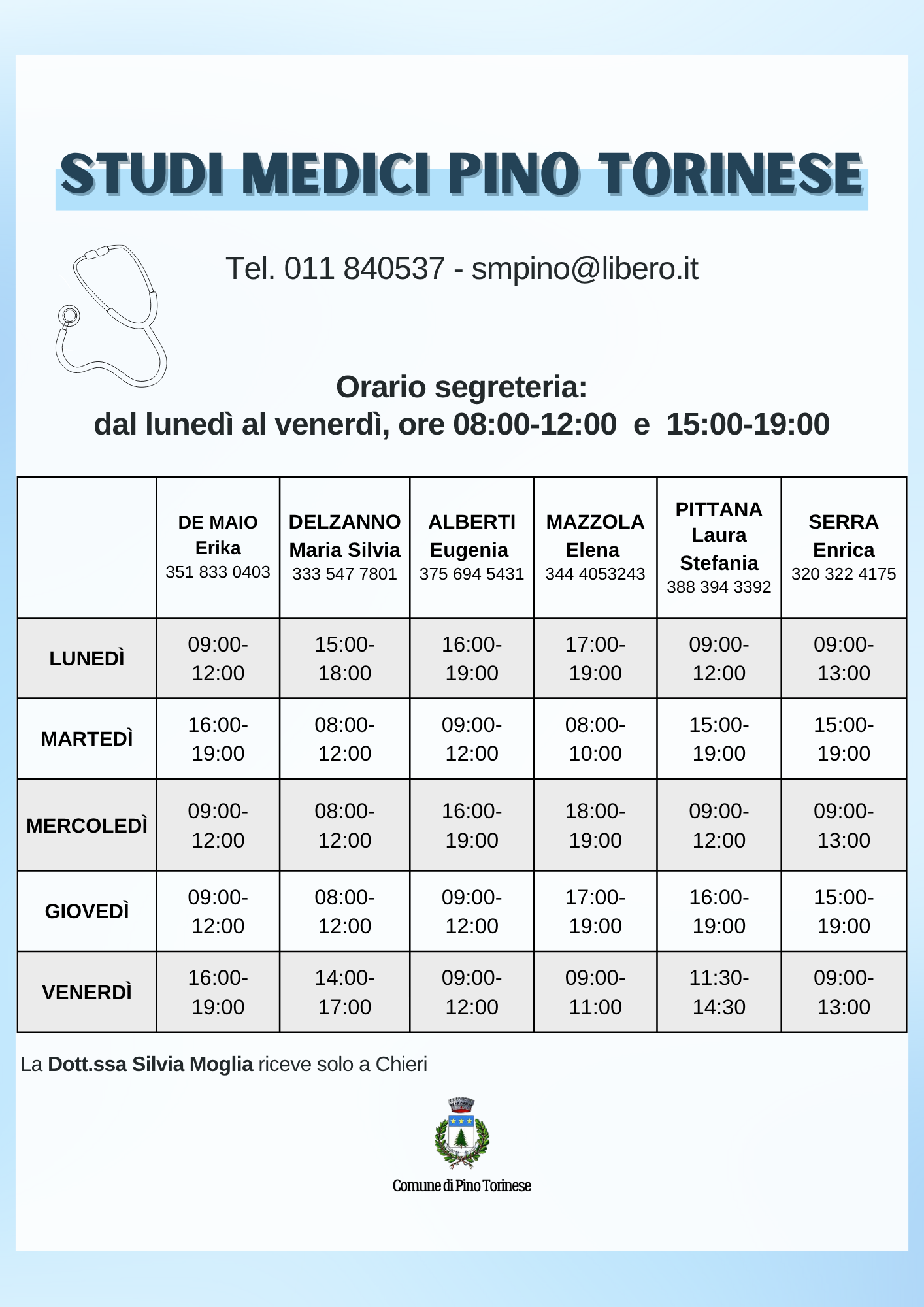 Tabella con orari degli studi medici